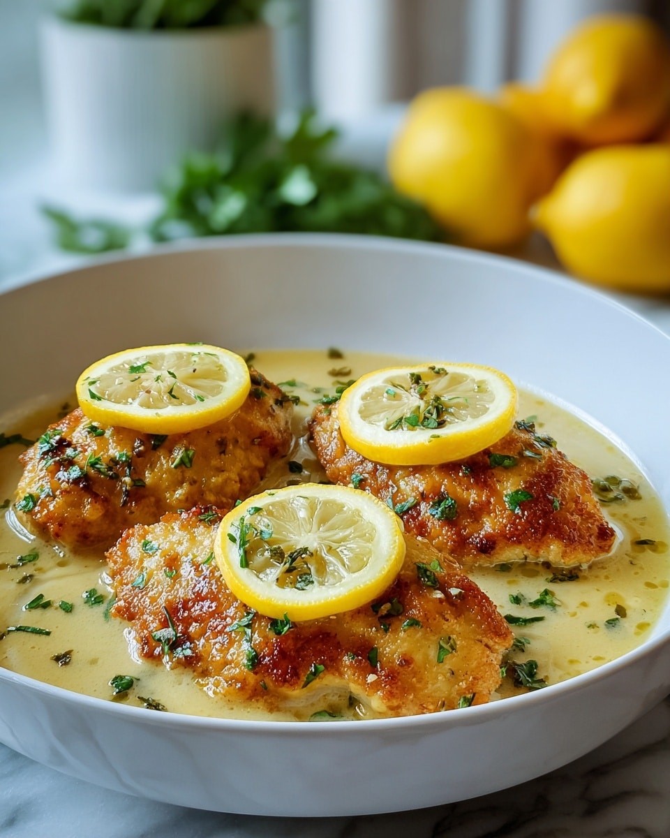 Three pieces of golden brown fried chicken are in a shallow white bowl, each topped with a bright yellow slice of lemon and sprinkled with small green herb bits. The chicken sits in a light, creamy sauce that slightly covers the bottom of the bowl. The bowl is placed on a white marbled surface, with blurred yellow lemons and green herbs in the background. Photo taken with an iphone --ar 4:5 --v 7