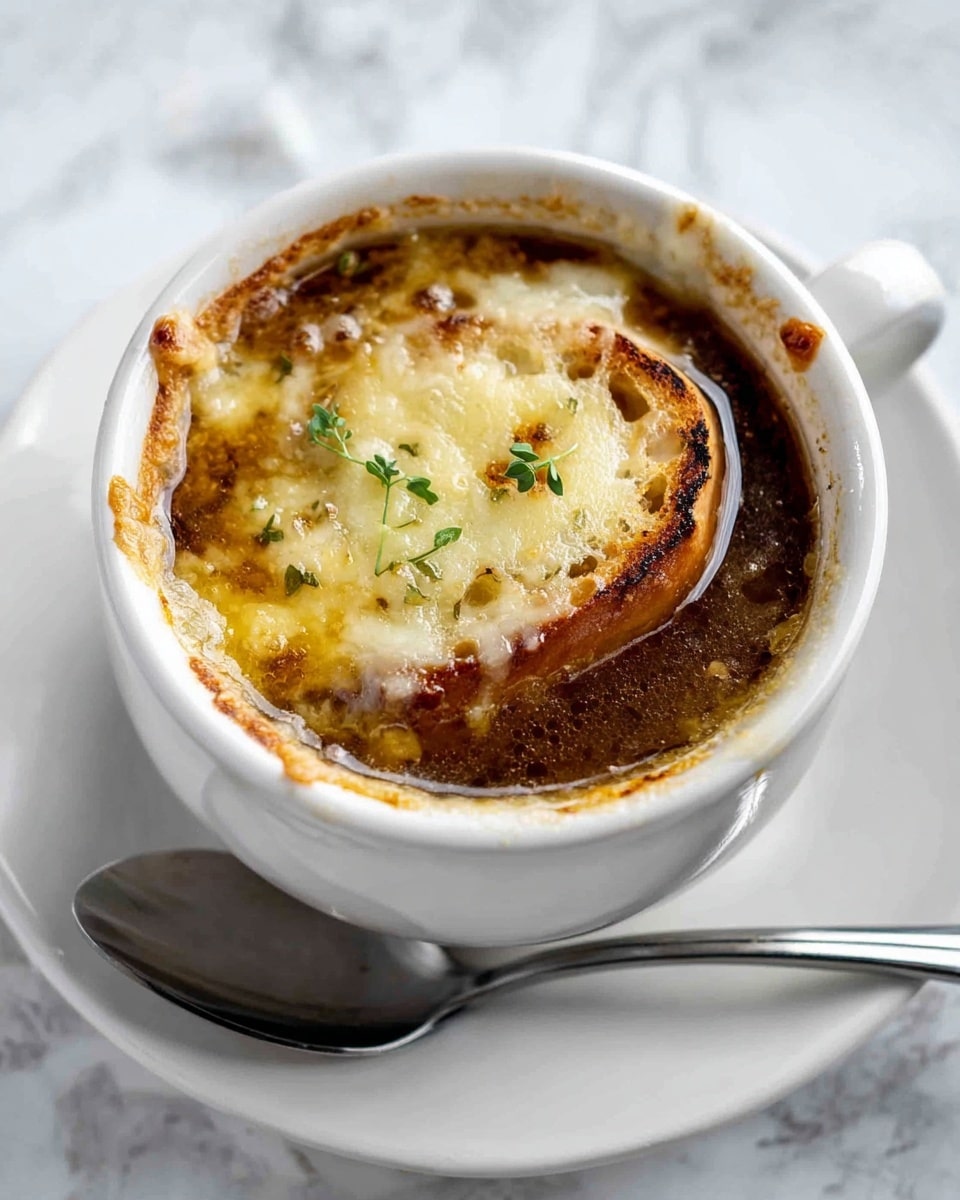 A white bowl filled with dark brown French onion soup with a thick slice of toasted bread floating on top, covered by melted golden yellow cheese with some darker browned spots and a few small green herb leaves sprinkled lightly on it; the bowl sits on a white plate with a shiny silver spoon resting beside it on a white marbled textured surface photo taken with an iphone --ar 4:5 --v 7