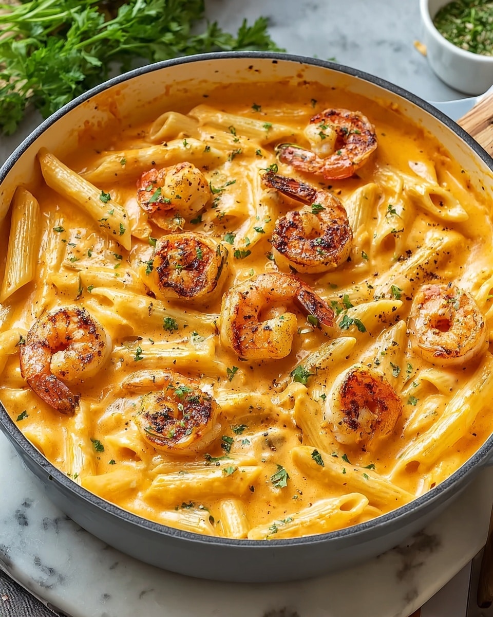 A round white pot filled with creamy orange pasta sauce covers the pasta beneath, with pale yellow penne pasta mixed in. On top, several medium-sized pink and orange grilled shrimp are scattered evenly across the dish. The sauce has a smooth, thick texture and is sprinkled with small bits of green herbs and black pepper. The pot rests on a white marbled surface with part of a green herb and a small white bowl visible in the background. photo taken with an iphone --ar 4:5 --v 7