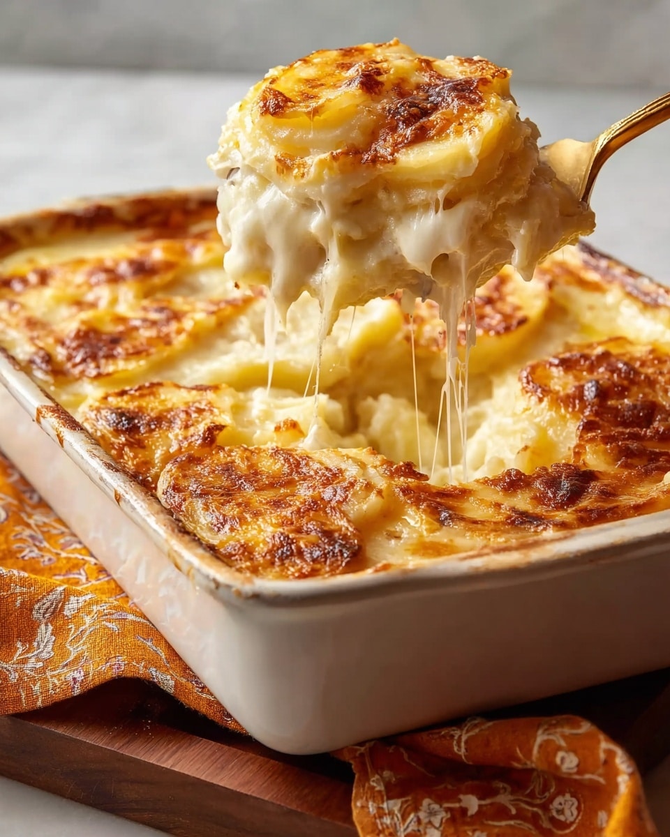 A close-up of a white baking dish filled with creamy mashed potatoes and melted cheese layers, topped with a golden brown, slightly crispy cheese crust showing browned spots; a golden spatula lifts a scoop revealing three layers inside: soft yellow potato slices, smooth white creamy sauce, and stretchy melted cheese in between, with cheese strings hanging down; the dish sits on a wooden board next to an orange patterned cloth, all placed on a white marbled textured surface photo taken with an iphone --ar 4:5 --v 7