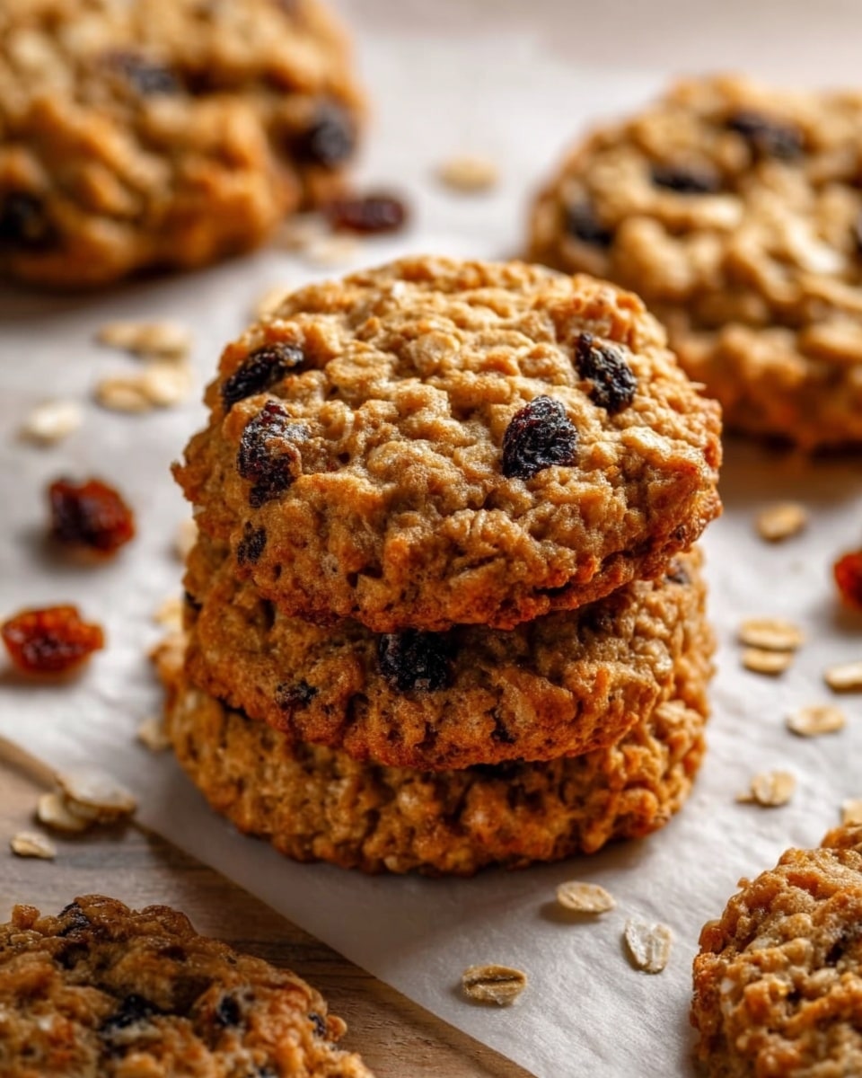 The image shows a stack of three oatmeal raisin cookies placed in the center on a sheet of parchment paper over a white marbled surface. The cookies are golden brown with a textured surface full of oats and scattered dark raisins. Around the stack, there are more cookies lying flat with similar textures and colors, along with a few loose oats and raisins spread randomly. The lighting highlights the rough, crumbly texture of the cookies. photo taken with an iphone --ar 4:5 --v 7