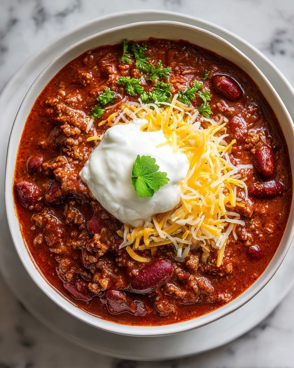 A white bowl filled with thick chili, showing layers of rich, dark red sauce with tender ground meat and kidney beans throughout. On top, a dollop of smooth white sour cream sits in the center, with a small green leaf garnish right on it. Around the sour cream, a light sprinkle of shredded yellow cheese adds color and texture. The bowl is placed on a white marbled surface. Photo taken with an iphone --ar 4:5 --v 7