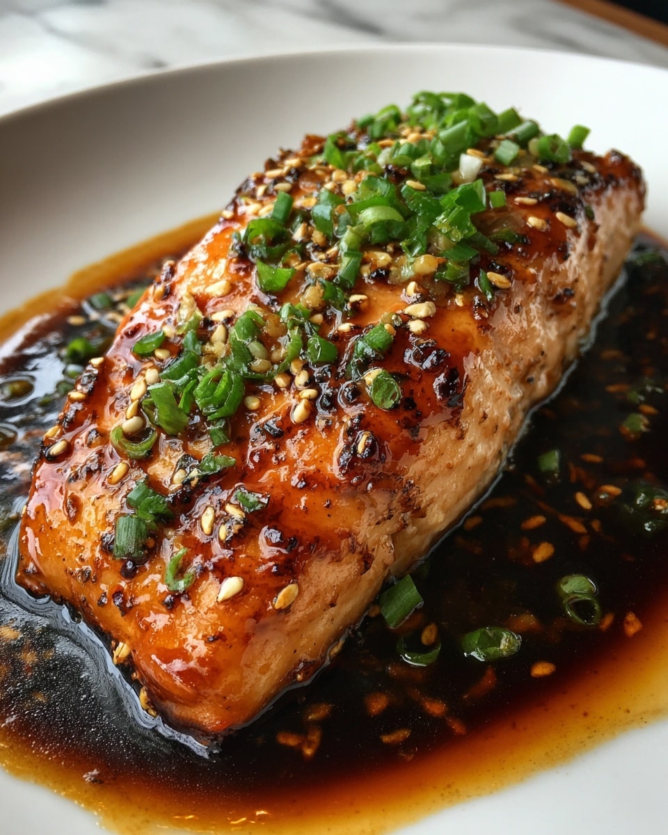 A close-up view of a cooked salmon fillet on a white rectangular dish. The salmon has a golden-brown glaze with visible caramelized spots, showing a glossy, sticky texture that reflects light. Small pieces of chopped green onion and sesame seeds are sprinkled evenly over the top, adding green and white accents to the rich orange and brown colors of the fish. The dish rests on a white marbled surface, creating a clean, bright background that contrasts with the warm tones of the salmon. Photo taken with an iphone --ar 4:5 --v 7