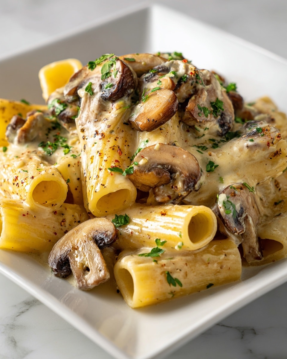 A close-up view of a white square plate filled with creamy rigatoni pasta mixed with sliced brown mushrooms. The rigatoni is coated in a smooth, light beige sauce, giving it a glossy texture. The sliced mushrooms are scattered throughout, showing a soft brown color with some darker edges. Small green parsley pieces are sprinkled on top evenly, adding a fresh touch. The plate is set on a white marbled surface, creating a clean and bright background. Photo taken with an iphone --ar 4:5 --v 7