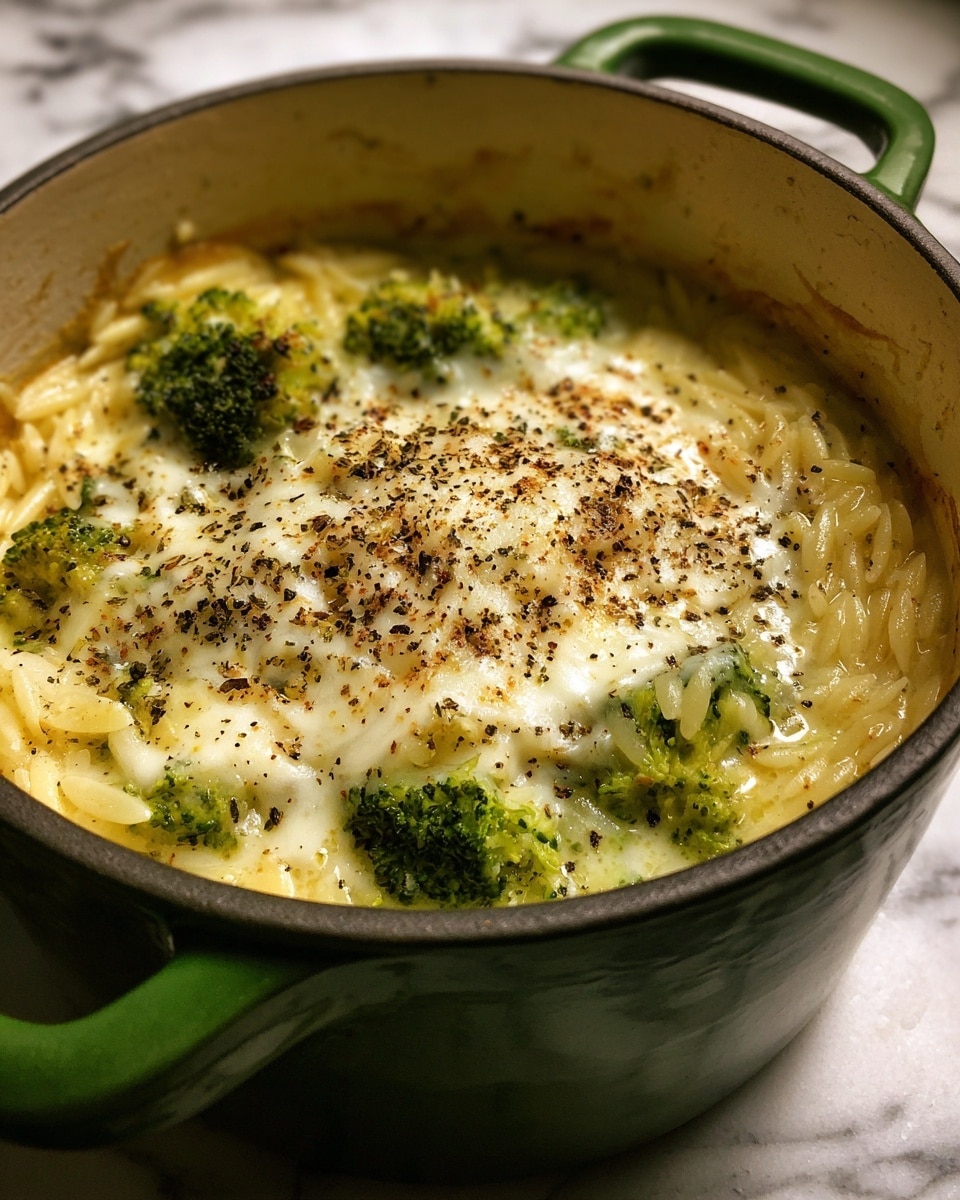 This image shows a close-up of a green pot filled with a soup-like dish. The dish has three main layers: a top layer of melted white cheese sprinkled with black pepper, a middle layer containing small pale yellow orzo pasta, and a bottom layer with visible pieces of green broccoli. The surface of the soup looks slightly oily with a glossy texture. The pot is placed on a white marbled background. photo taken with an iphone --ar 4:5 --v 7