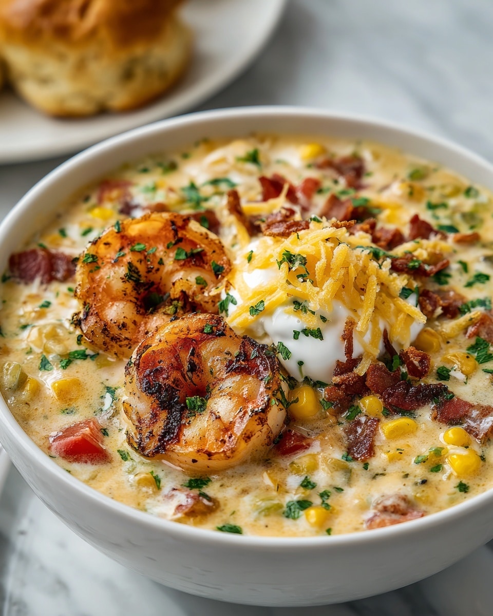 A white bowl filled with creamy shrimp chowder resting on a green plate on a white marbled surface, showing two large cooked shrimp with a pink-orange color and grill marks on top, mixed in a thick soup of yellow corn, red tomato pieces, green herbs, and white chunks. The chowder has a dollop of white sour cream at the center, topped with shredded yellow cheddar cheese and sprinkled with finely chopped green herbs. In the background, slightly blurred, there is a golden brown biscuit. Photo taken with an iphone --ar 4:5 --v 7