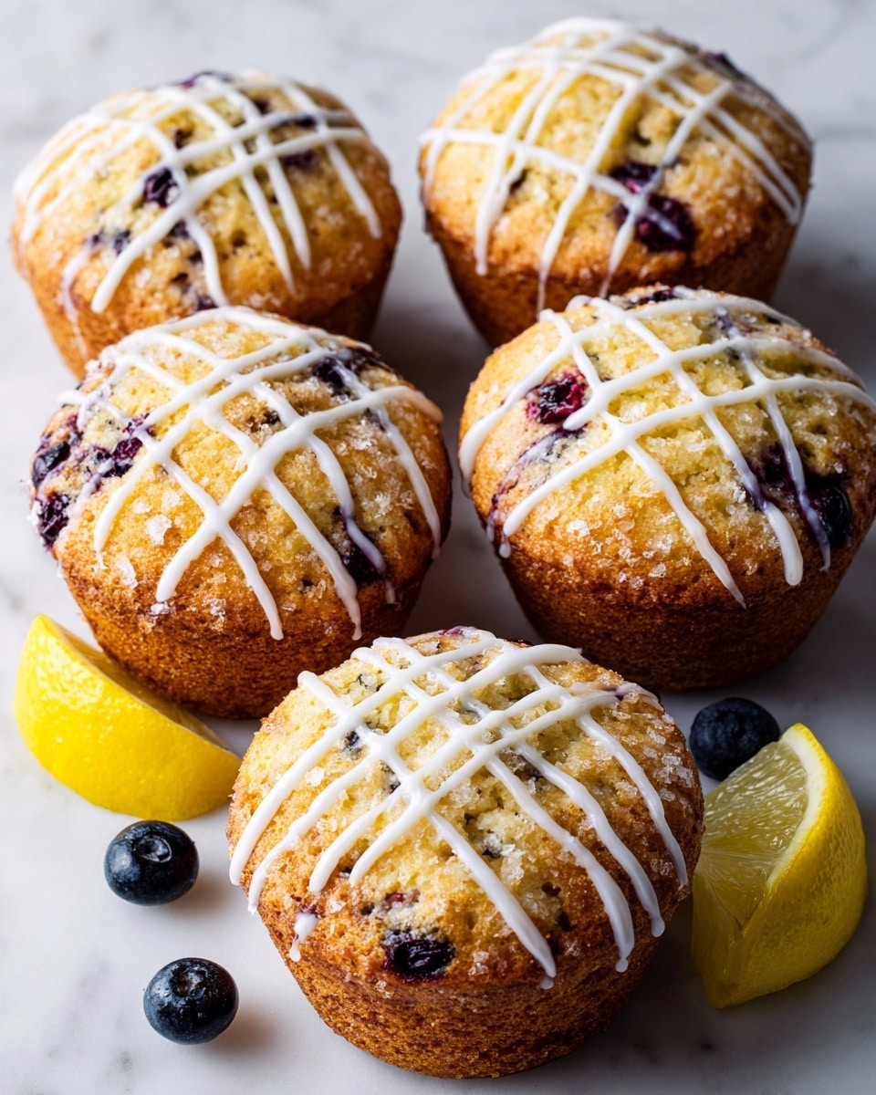 The image shows a close-up view of five crumbly muffins with a light brown color and specks of darker spots, each topped with a white icing drizzle in a crisscross pattern. The muffins are lined with slightly browned paper cups, revealing their textured tops. Around the muffins, there are small slices of bright yellow lemon and a few dark blue blueberries placed on a soft, light blue cloth. The whole arrangement rests on a white marbled surface, giving a clean and fresh background. photo taken with an iphone --ar 4:5 --v 7