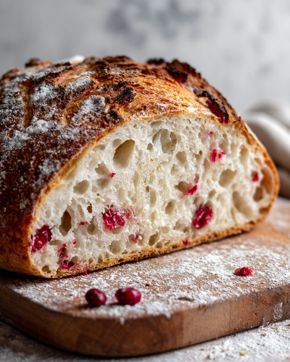 A close-up photo of a round loaf of bread on a wooden board with some flour dusted around. The bread has one visible slice cut, showing a soft, airy interior with many holes and a slightly chewy texture. The crust is golden brown with some darker, toasted edges and has bits of red berries baked in, giving splashes of red and pink inside and on the crust. The bread looks fresh and rustic, with a rough, crunchy top and tender inside. The background is a white marbled texture. photo taken with an iphone --ar 4:5 --v 7