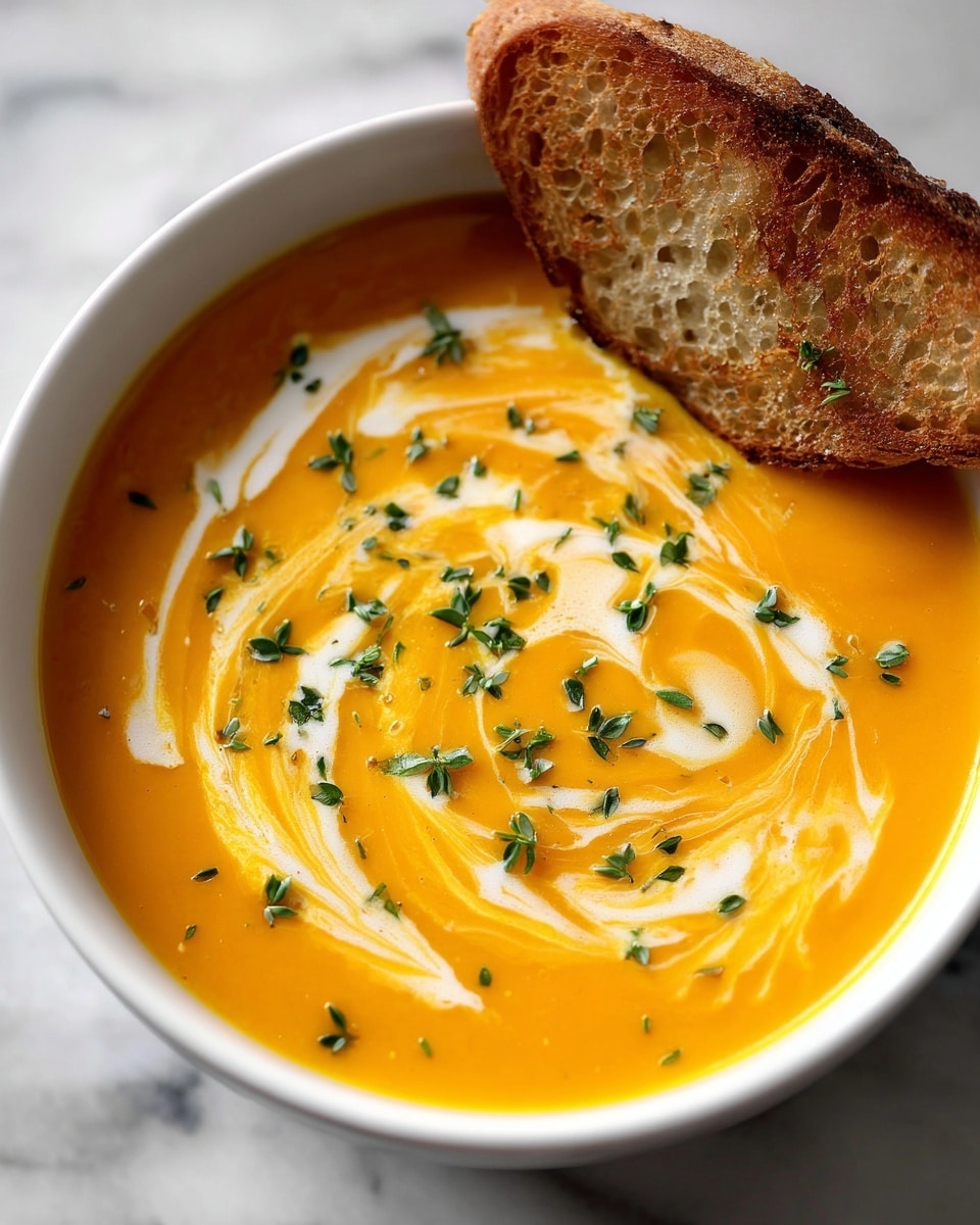 The image shows a close-up of a bowl of creamy tomato soup with bright orange-red color, topped with white cream swirled in an artistic pattern on the surface. There are small green herb sprinkles and a few drops of oil or seasoning adding texture to the top layer. A piece of toasted golden bread rests on the edge of the white bowl. The bowl sits on a white marbled surface. Photo taken with an iphone --ar 4:5 --v 7
