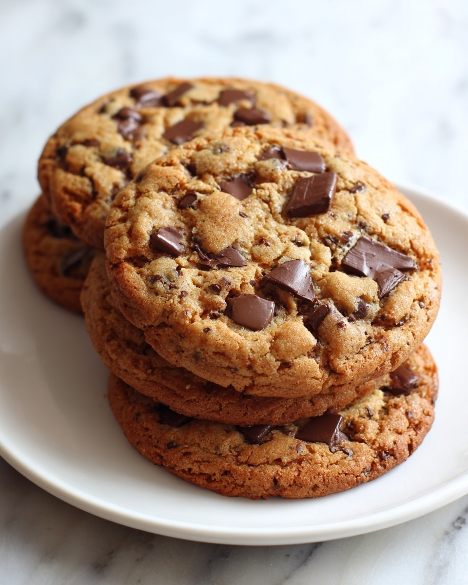 The image shows a close-up of three thick chocolate chip cookies stacked slightly on top of each other on a white plate. Each cookie has a golden-brown color with a rough, crumbly texture, filled with many medium-sized dark chocolate chunks that stand out against the lighter cookie dough. The edges of the cookies are slightly darker and crisp, while the middle parts look softer and chewier. The scene is set on a white marbled surface, enhancing the warm tones of the cookies. Photo taken with an iphone --ar 4:5 --v 7