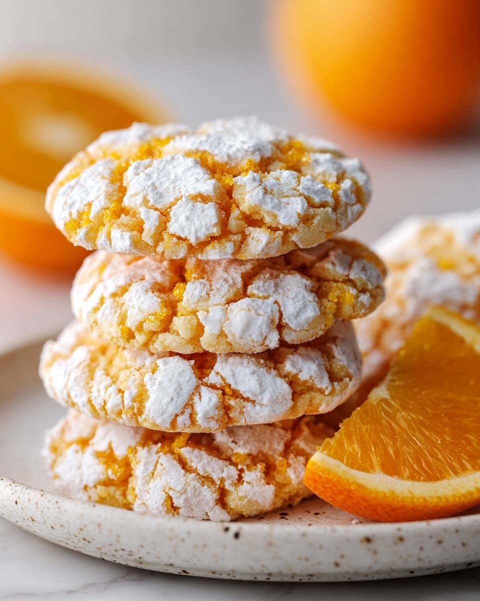 The image shows a close-up of four orange crinkle cookies with white powdered sugar patches on top, stacked slightly on a white speckled plate. Next to the cookies is a fresh thick orange slice, and in the background, another orange is slightly out of focus. The whole scene sits on a white marbled surface, capturing the soft texture and bright warm colors of the cookies and fruit. photo taken with an iphone --ar 4:5 --v 7