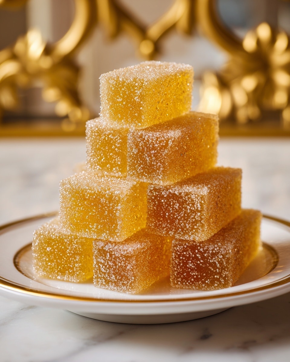 The image shows a stack of eight rectangular jelly candies arranged in a pyramid shape on a white plate with gold trim. Each candy has a light yellow to amber color, covered evenly with tiny white sugar crystals that make the surface look rough and sparkly. The candies are thick and appear soft with a translucent quality, and the plate sits on a white marbled surface with a blurred golden background. photo taken with an iphone --ar 4:5 --v 7