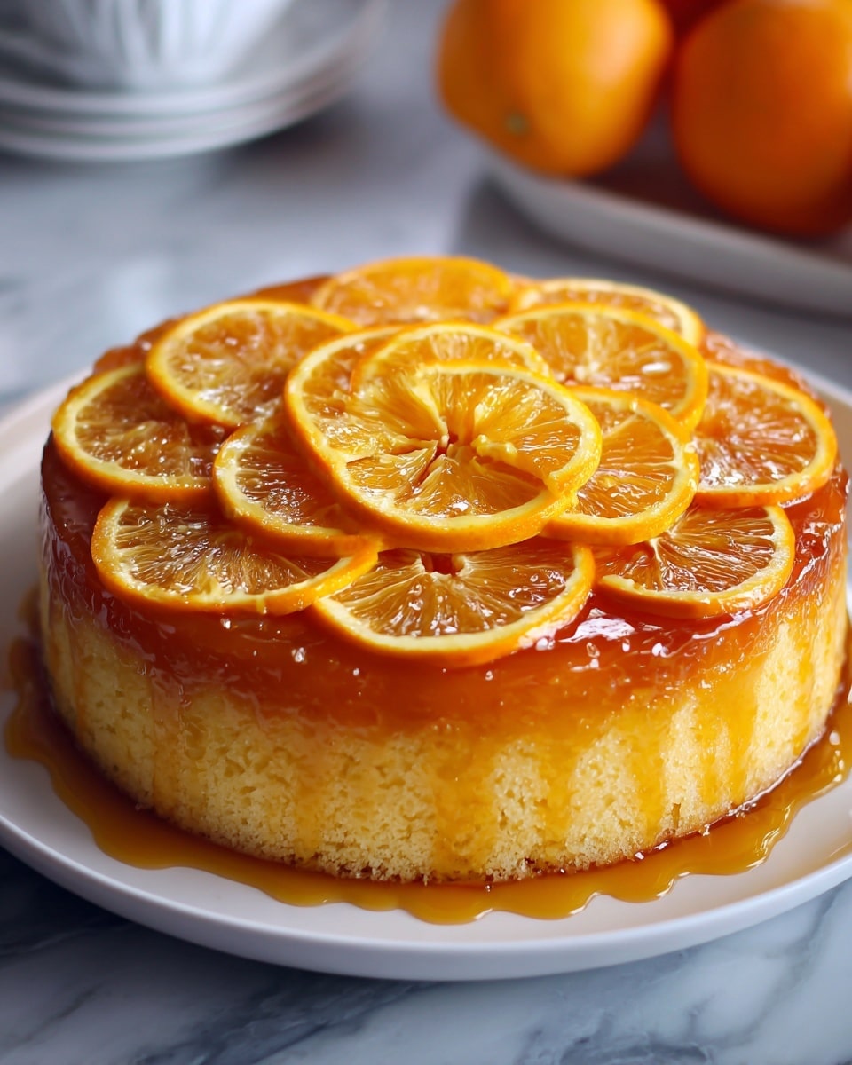 A small round upside-down cake sits on a white plate, showing a golden brown caramelized top decorated with thin, bright orange slices arranged in a circle. The cake has a light yellow sponge layer that looks moist and soft with a shiny caramel sauce gently dripping down the sides. The background features a white marbled surface with blurred oranges in the distance, creating a fresh and clean look. Photo taken with an iphone --ar 4:5 --v 7