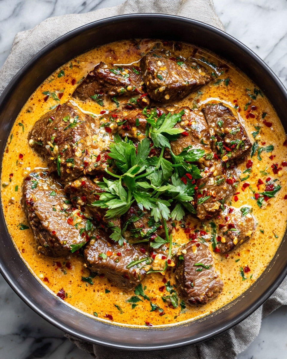 The image shows a dish in a deep white bowl with a creamy, light orange sauce filling the bottom layer. On top of the sauce are multiple thick, brown strips of cooked beef arranged in a loose pile. The beef has a slightly shiny texture from the sauce, and small green herb pieces are scattered over the beef and sauce. A sprig of fresh green parsley sits on top as a garnish. The bowl is placed on a white marbled surface, and a soft cloth is partially visible beneath the bowl. photo taken with an iphone --ar 4:5 --v 7