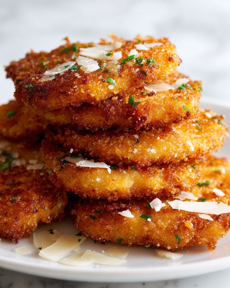 A close-up view of several golden brown breaded chicken cutlets stacked on a white plate. The cutlets have a crispy, crunchy texture with small green herb pieces sprinkled all over them. There are thin white shreds of cheese scattered on top and around the chicken. The background is a white marbled texture. Photo taken with an iphone --ar 4:5 --v 7
