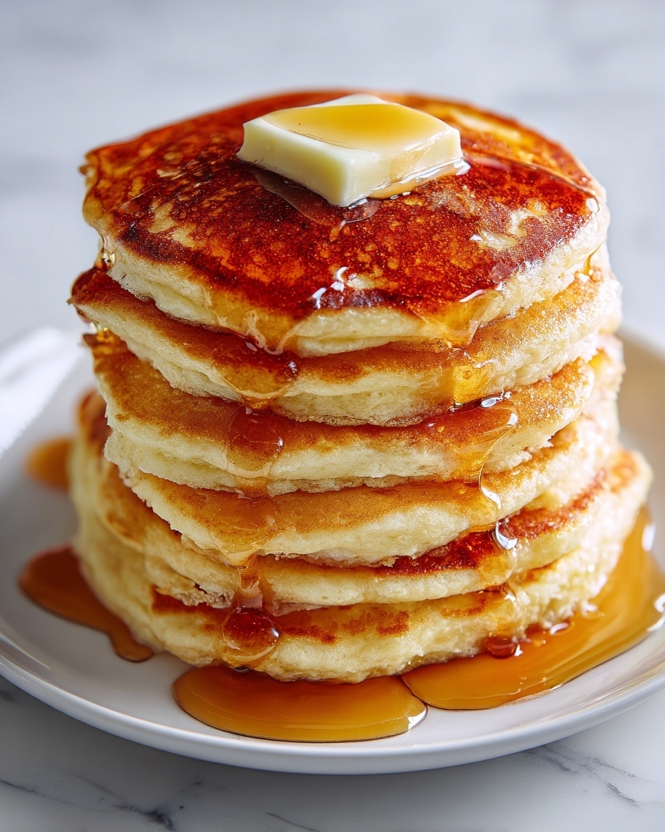 A stack of seven thick golden pancakes sits on a white plate, each pancake showing a light fluffy texture with slightly uneven edges. The top pancake is covered with a small square of melting butter, pale yellow in color, and golden syrup is generously poured over the entire stack, dripping down the sides in thick, glossy streams. The white plate rests on a white marbled surface, adding a clean and bright feel to the image. Photo taken with an iphone --ar 4:5 --v 7