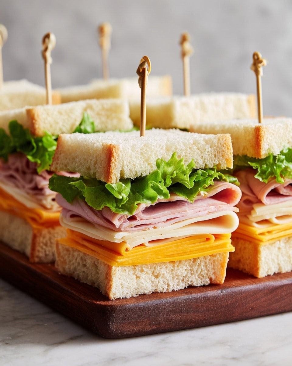 The image shows small square sandwiches neatly arranged on a dark wooden board over a white marbled surface. Each sandwich has three layers of white bread with light brown crusts. The layers inside include green leafy lettuce at the bottom, followed by a thick slice of pale yellow cheese, a folded slice of light pink ham, and a slice of bright orange cheddar cheese just below the top bread. Each sandwich is held together with a thin wooden toothpick placed vertically in the center. The sandwiches have a fresh and clean look with sharp edges and visible textures on the bread and filling layers. photo taken with an iphone --ar 4:5 --v 7