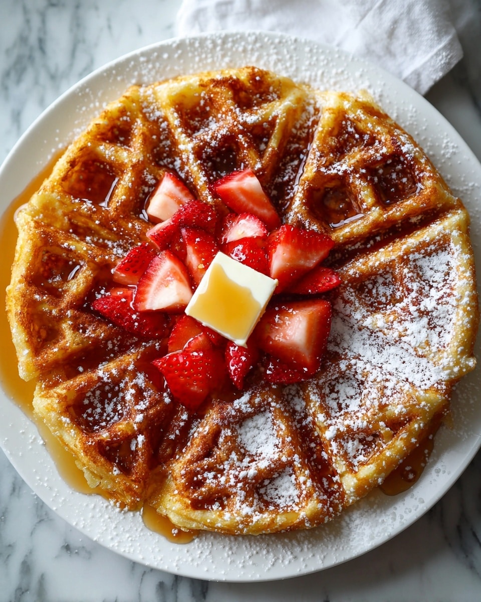 A single golden-brown waffle cut into four sections sits centered on a white plate placed on a white marbled surface. The waffle has a crispy texture with deep square pockets, some filled with amber syrup that glistens under soft lighting. A small square of pale yellow butter with syrup drizzled on top rests near the center of the waffle. On top of the waffle are fresh, bright red sliced strawberries that add a pop of color. A light dusting of powdered sugar covers the waffle and plate edges, creating a delicate snowy effect. Photo taken with an iphone --ar 4:5 --v 7