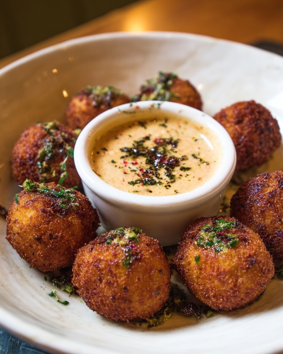 The image shows seven round, golden-brown fried balls arranged in a circle around a white bowl filled with creamy, light brown dipping sauce with sprinkled green herbs and black spices on top. The fried balls have a crunchy texture with uneven, crispy surfaces and small green herb bits scattered on them. The bowl is placed at the center on a white marbled surface. The lighting highlights the warm colors and crispy texture of the balls. photo taken with an iphone --ar 4:5 --v 7