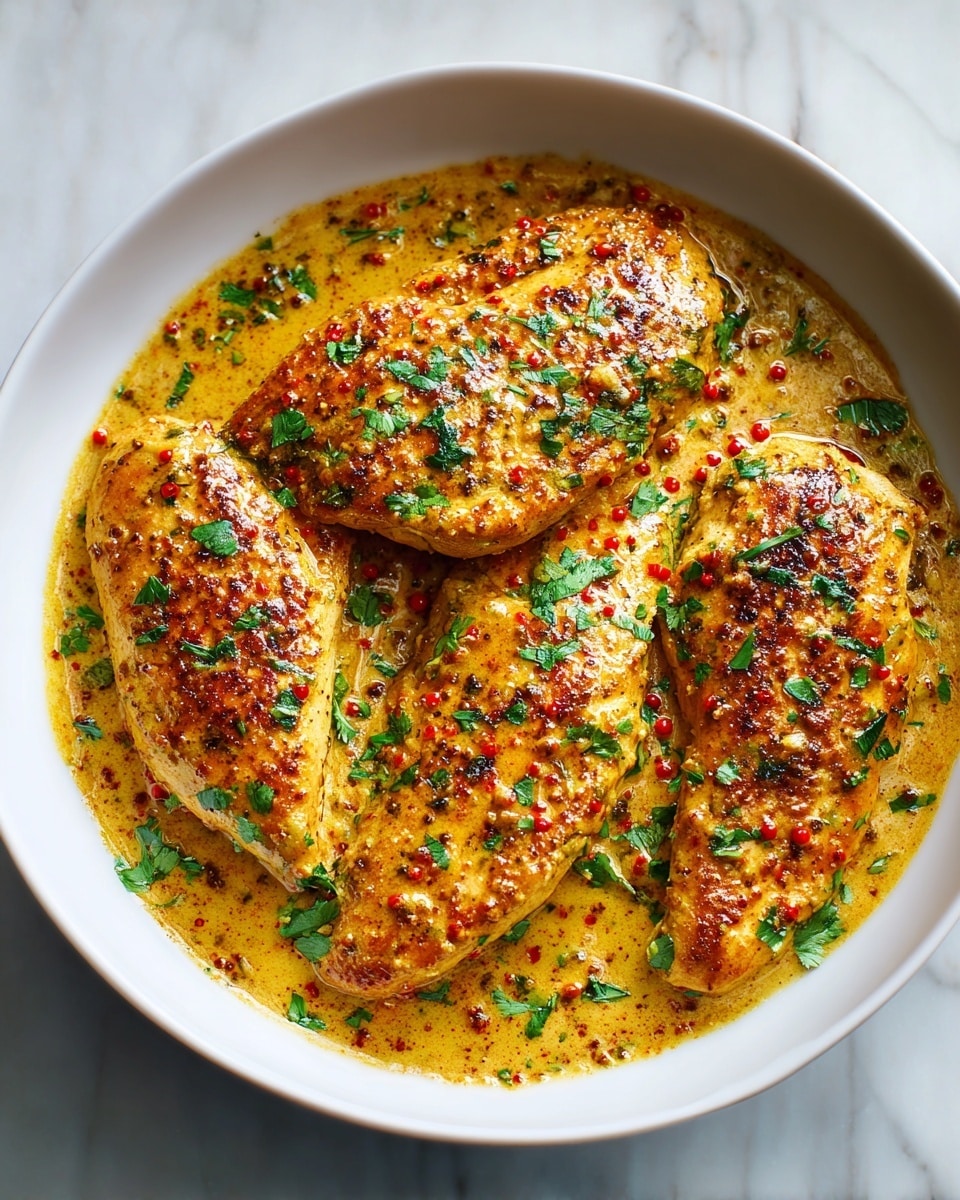 The image shows a white bowl filled with four pieces of golden-brown cooked chicken breasts covered in a thick mustard sauce that has a creamy texture. The sauce has tiny red mustard seeds scattered throughout and is spread evenly over the chicken. On top of the chicken and sauce, there are small patches of bright green chopped herbs, likely parsley, adding color contrast. The surface of the sauce is shiny, showing that it is still warm and fresh. The background is a white marbled texture. photo taken with an iphone --ar 4:5 --v 7