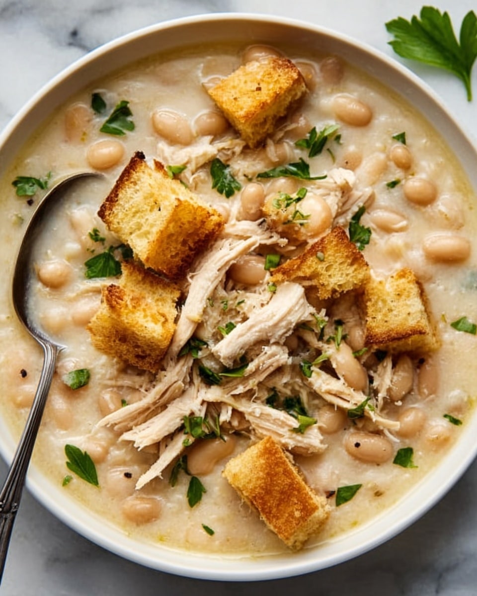 The image shows a white bowl filled with creamy white bean soup that has a smooth, thick texture. On top of the soup, there are shredded pieces of light brown chicken arranged in a small pile, with golden brown toasted bread cubes scattered around them. Fresh green parsley leaves are sprinkled over the dish, adding a touch of color. A silver spoon rests inside the bowl on the left side. The bowl sits on a white marbled surface. Photo taken with an iphone --ar 4:5 --v 7