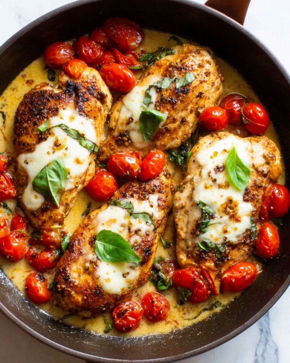 A skillet filled with three cooked chicken breasts covered in melted white cheese and a few green basil leaves. Surrounding the chicken are bright red cherry tomatoes, some whole and some slightly cooked, with a mix of light brown sauce underneath. The chicken has a golden brown color with slightly charred spots, and the sauce looks creamy. The top layer has green basil leaves scattered around, adding fresh contrast. The skillet sits on a white marbled surface. Photo taken with an iphone --ar 4:5 --v 7