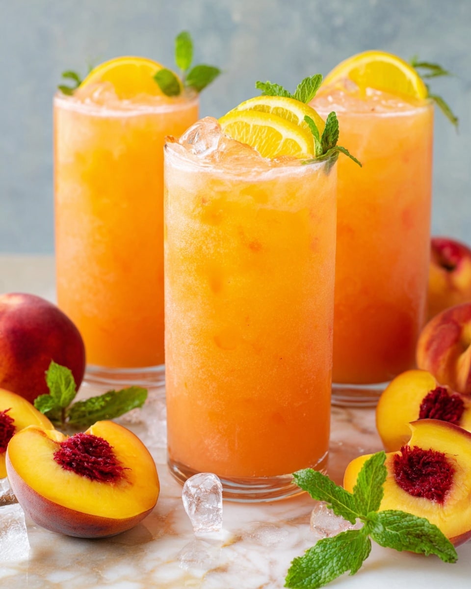Three tall clear glasses are filled with an orange peach drink that has a smooth, slightly frothy texture with tiny flecks of peach skin. Each glass is filled with ice cubes to the top, giving a cool, refreshing look. On the rim of each glass sits a bright yellow lemon slice layered with a vivid orange peach slice, decorated with a small sprig of fresh green mint. Around the glasses, fresh peach halves and slices with red centers are scattered on a white marbled surface, along with a few ice cubes and green mint leaves, creating a fresh and summery feel. photo taken with an iphone --ar 4:5 --v 7