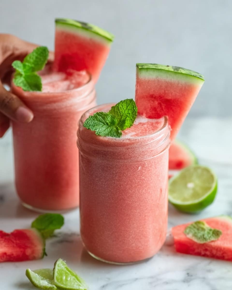 The image shows two clear glass jars filled with a pink watermelon smoothie. Each jar has a tall slice of watermelon placed on the rim with fresh green mint leaves beside the slices. The smoothie has a smooth and slightly frothy texture. The jars sit on a white marbled surface with a few small watermelon pieces and a slice of lime scattered around. A woman's hand is holding one of the jars from the side. The whole scene is bright with soft natural light, creating a fresh and cool feeling. photo taken with an iphone --ar 4:5 --v 7