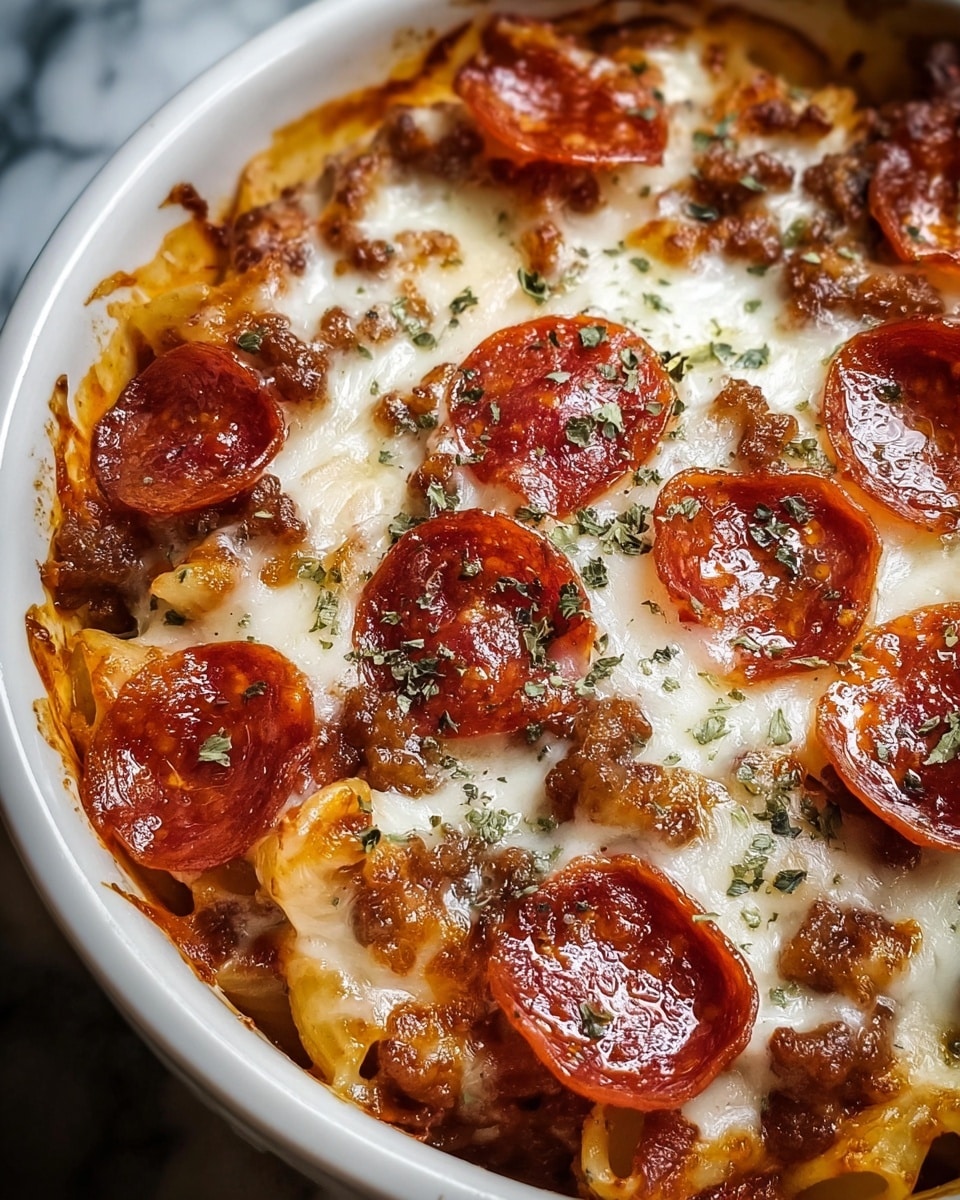 The image shows a close-up of a baked pasta dish in a white bowl. The bottom layer is golden-brown baked pasta with a slightly crispy texture. On top of this is a layer of melted white and lightly browned cheese that covers much of the dish. Scattered throughout are round slices of red pepperoni with a shiny, greasy surface, some slices slightly curled at the edges. Mixed in are crumbled bits of cooked brown sausage, giving a textured and uneven look. The dish is sprinkled with dried green herbs, adding small green specks over the cheese and meat. The dish is rich, warm, and looks freshly baked with a mix of smooth and crispy textures. The bowl rests on a white marbled surface. photo taken with an iphone --ar 4:5 --v 7
