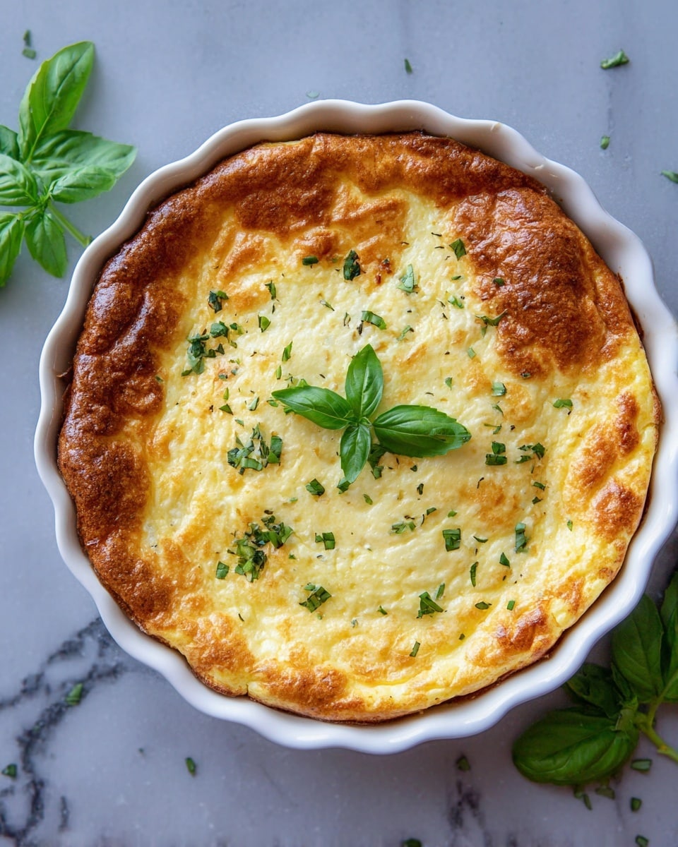A round baked dish with a golden brown top layer that looks fluffy and slightly puffy around the edges, showing a creamy light yellow base underneath. It is garnished with small green herb leaves scattered on top and a fresh basil sprig placed in the center. The dish is in a white wavy-edged round baking dish, set on a white marbled texture with some fresh green basil leaves around it. Photo taken with an iphone --ar 4:5 --v 7