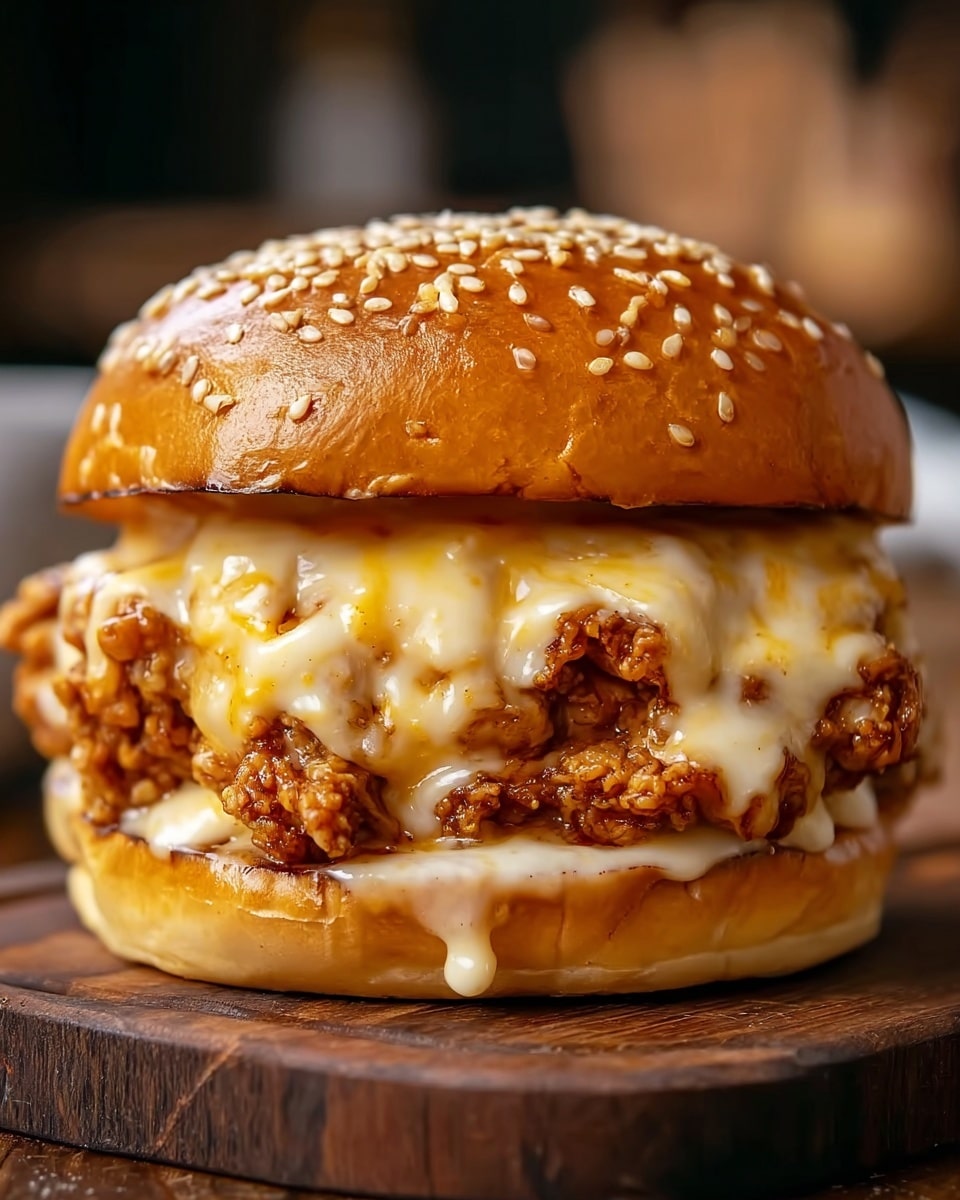 A close-up view of a juicy fried chicken sandwich with two thick layers of crispy golden-brown chicken pieces covered in melted creamy cheese that is dripping slightly. The chicken and cheese layers sit between a soft, shiny golden sesame seed bun, with the top bun gently domed and dotted with white sesame seeds. The sandwich is placed on a dark wooden board against a softly blurred background with warm tones and a white marbled texture under it. photo taken with an iphone --ar 4:5 --v 7