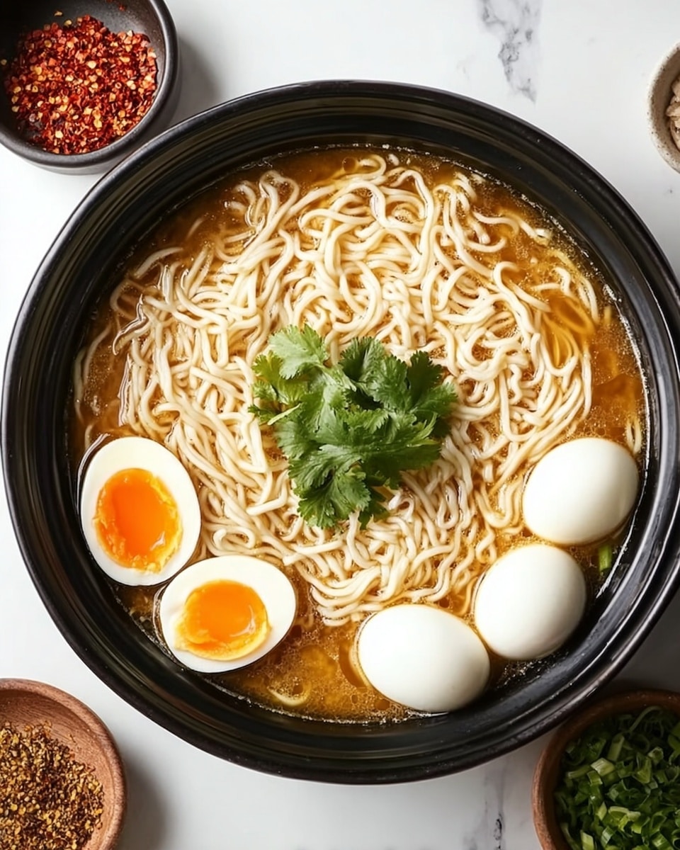 A round black bowl filled with light brown soup and thin beige noodles arranged in a loose circular pattern covering almost the entire surface of the soup. On one side, there are three small white boiled eggs, one cut in half showing a bright orange yolk inside. In the center of the bowl lies a small bunch of fresh green parsley leaves. The bowl is placed on a white marbled surface with small bowls of red spices and green herbs around it. Photo taken with an iphone --ar 4:5 --v 7
