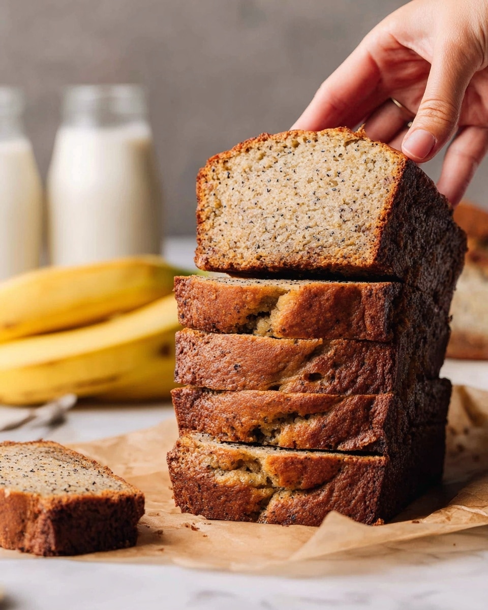 A stack of four thick slices of banana bread sits on a piece of brown parchment paper on a white marbled surface, showing a moist, textured golden-brown inside with dark specks of banana seeds. A woman's hand is lifting the top slice, displaying its soft crumb and slightly darker crust edges, while a fifth slice lies flat beside the stack. In the blurry background, two yellow bananas and two glass bottles filled with milk add to the cozy kitchen scene. Photo taken with an iphone --ar 4:5 --v 7