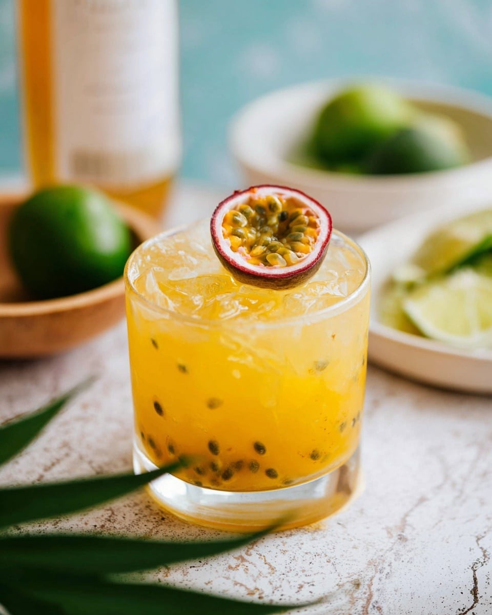 A short clear glass filled with a bright yellow-orange drink that has visible passion fruit seeds and ice cubes inside, topped with a half passion fruit piece showing its white and red rind and yellow seeds at the surface. The glass is placed on a white marbled texture with blurred lime wedges on the right, a white bowl with a green lime on the left, and green leaves in the bottom left corner, creating a fresh and tropical look. Photo taken with an iphone --ar 4:5 --v 7