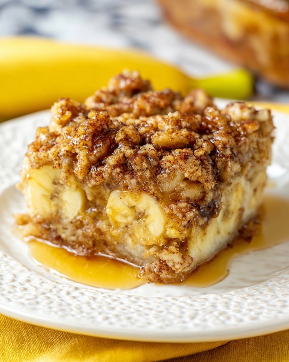 A thick, square piece of banana crumble dessert sits on a white plate with a textured edge. The bottom layer is soft, creamy, and pale yellow, full of cooked banana slices. Above it is a moist crumbly layer with a golden-brown color, mixed with darker banana slices and a generous drizzle of syrup that pools slightly around the base. The top layer is a chunky mixture of brown crumb topping, providing a rough and crunchy texture, with visible bits of cinnamon or spice. The whole dessert looks soft, gooey, and warm, sitting on a white marbled surface with some yellow cloth underneath. Photo taken with an iphone --ar 4:5 --v 7