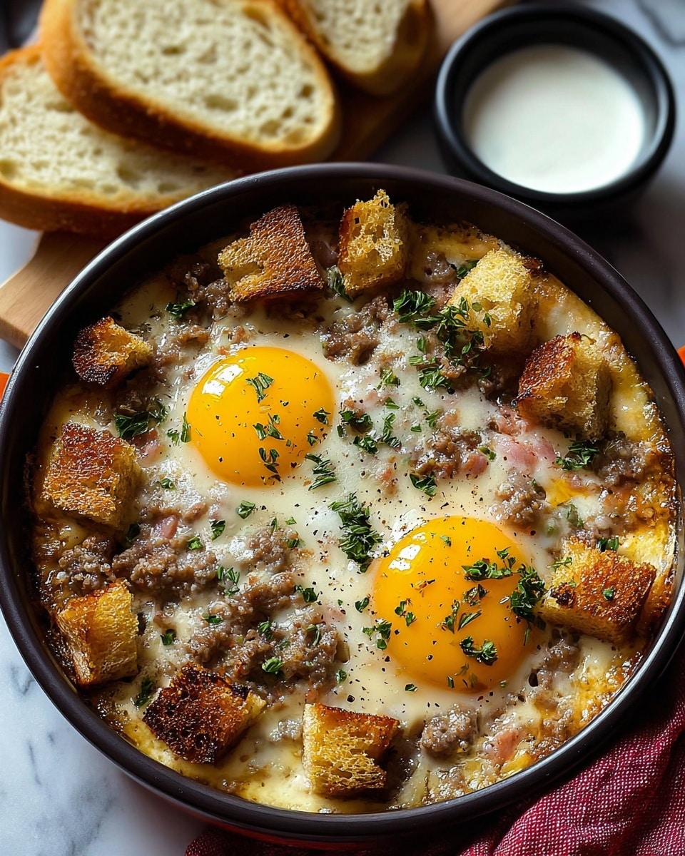 A round black bowl filled with a baked egg dish showing two bright yellow egg yolks sitting in the center on a creamy, slightly browned base mixed with ground meat and melted cheese. Scattered around the eggs are golden brown toasted bread cubes with a crunchy texture, and bits of cooked meat adding a crumbly look. Small green parsley pieces are sprinkled over the top with a few cracks of black pepper. The bowl is placed on a white and red cloth, beside slices of light golden bread on a white marbled surface and a small black bowl containing white sauce. Photo taken with an iphone --ar 4:5 --v 7