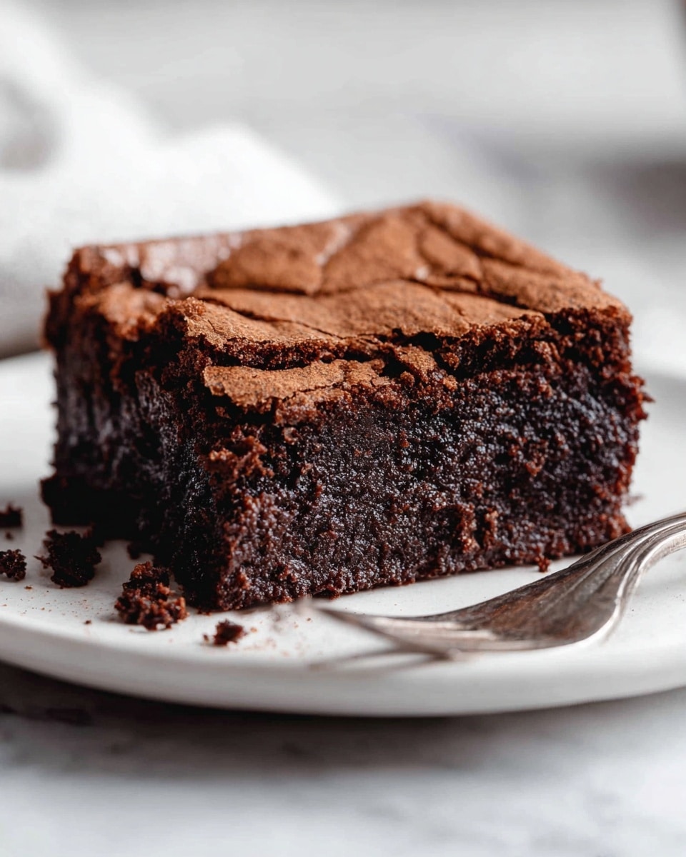 A close-up of a single square piece of chocolate brownie with two visible layers: a moist, dark brown, rich inside layer with a soft, fudgy texture, and a slightly cracked, thin, lighter brown crust on top with a dry and crumbly look. The brownie is placed on a white plate with a few loose crumbs around it and a silver fork resting on the plate in front. The surface under the plate has a soft white marbled texture. Photo taken with an iphone --ar 4:5 --v 7