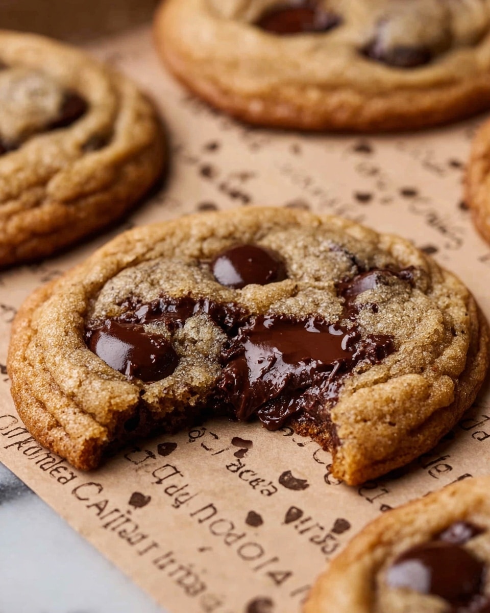 A close-up view of a soft chocolate chip cookie with a bite taken out, showing a gooey, melted chocolate center. The cookie's surface is light brown with a slightly crispy edge, studded with dark, glossy chocolate chips that are melting slightly. The cookie rests on a piece of printed parchment paper with text and small patterns, placed on a white marbled surface. Surrounding the main cookie, parts of other similar cookies are visible, all sharing the same warm, golden-brown color and chocolate chip topping. photo taken with an iphone --ar 4:5 --v 7