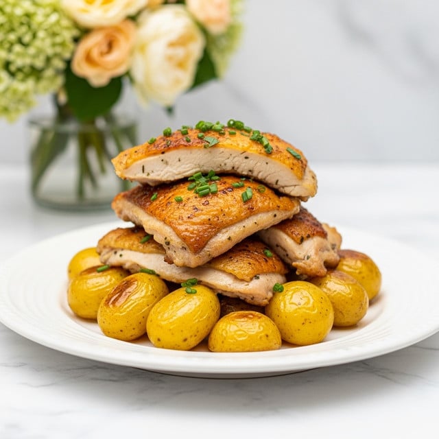 The image shows a white plate with a dish of roasted chicken pieces stacked on top of small roasted yellow potatoes. The chicken is golden brown with a slightly crispy skin and is sprinkled with green herbs on top. The potatoes are glossy and roasted to a warm yellow color, placed beneath and around the chicken, creating a layered look. The plate sits on a white marbled surface, with a soft-focused bouquet of pale yellow and cream flowers in the background. Photo taken with an iphone --ar 4:5 --v 7