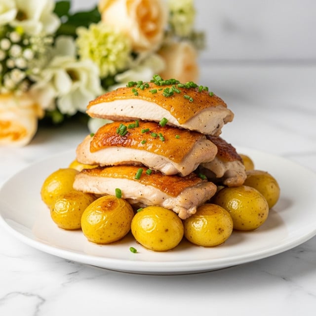 The image shows a white plate with a meal made of several pieces of cooked chicken placed on top of small golden-brown roasted potatoes. The chicken has a brown crispy surface with some green herbs sprinkled all over it. The potatoes are shiny and smooth with a golden color, arranged at the base. The dish has a rich, warm tone with bits of sauce around the edges. In the background, there are soft peach and cream-colored flowers slightly blurred. The whole scene is set on a white marbled surface. photo taken with an iphone --ar 4:5 --v 7