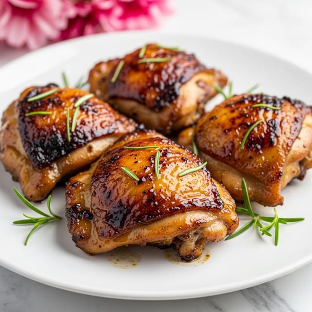 The image shows a white plate on a white marbled surface holding four pieces of cooked chicken thighs. The chicken thighs are golden brown with a shiny glaze of sauce, which looks sticky and rich in color. Some small green herbs, possibly rosemary, are scattered on top and around the chicken, adding a touch of green. Behind the plate, there are blurred pink flowers which give a soft background. The chicken pieces are placed close together, showing crispy skin with a slightly charred texture. Photo taken with an iphone --ar 4:5 --v 7