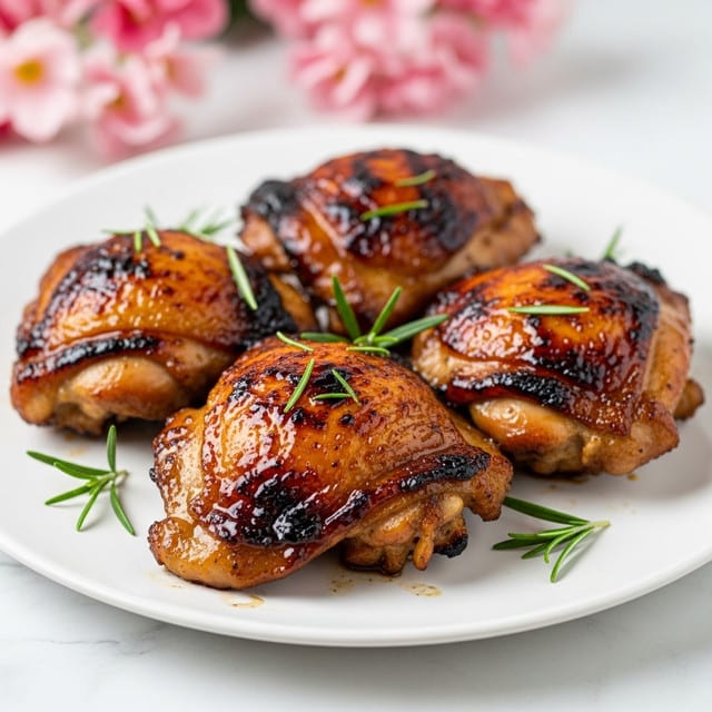 The image shows a white plate on a white marbled surface, filled with four pieces of golden-brown roasted chicken thighs. The chicken skin is crispy with a shiny glaze and is sprinkled with green herbs and coarse black pepper. Small rosemary sprigs are placed on and around the chicken pieces, adding a touch of green. The background is softly blurred, featuring soft pink flowers that add a gentle color contrast. Photo taken with an iphone --ar 4:5 --v 7