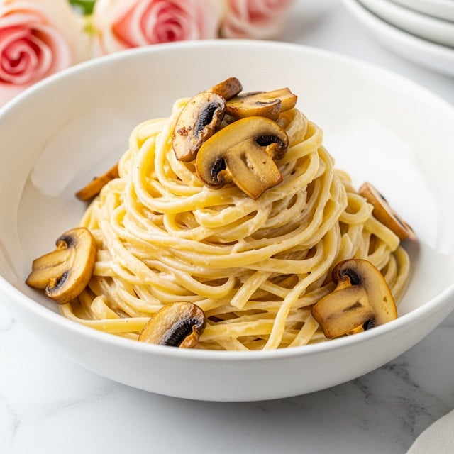 A white plate on a white marbled surface holds a simple serving of pasta. The pasta is light yellow and looks soft, twirled neatly in the center of the plate. On top, there is a layer of cooked mushrooms in a light brown color, spread evenly. The mushrooms look tender and slightly glossy from some sauce. In the background, there are soft pink roses adding a gentle touch to the scene. Photo taken with an iphone --ar 4:5 --v 7