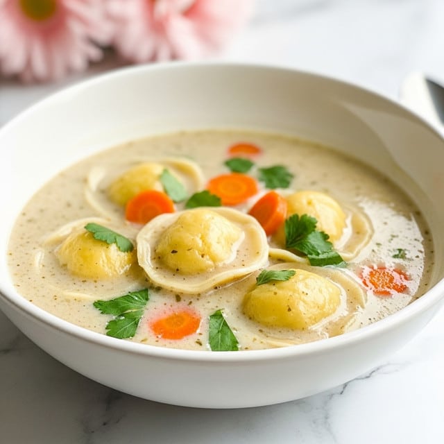 A white bowl filled with a creamy soup showing several golden dumplings floating on top, each dumpling having soft, slightly wrinkled surfaces. The soup is light beige with small bits of green herbs and orange carrot pieces scattered around. The bowl sits on a white marbled surface, with soft pink flowers blurred in the background. Photo taken with an iphone --ar 4:5 --v 7