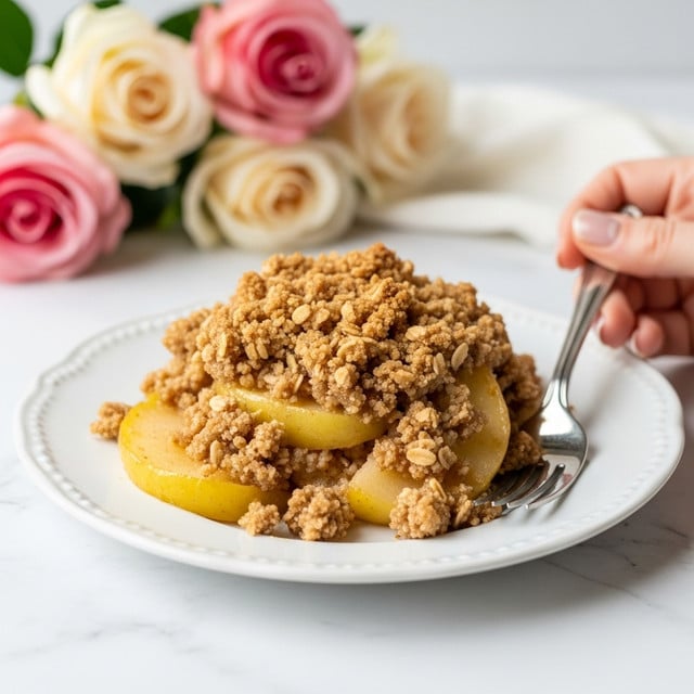 The image shows a white plate with a serving of apple crumble placed in the center. The bottom layer is made up of soft, light yellow baked apple slices, topped with a golden brown crumbly mixture with a slightly crunchy texture. The crumble layer has small uneven pieces adding a rough texture. Behind the plate, there is a soft-focused background with pale pink roses. The whole scene is set on a white marbled surface, giving a clean and bright look. photo taken with an iphone --ar 4:5 --v 7