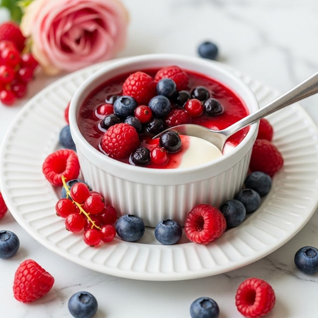 A white ramekin filled with a smooth, creamy panna cotta base that is pale off-white in color. On top, there is a thick layer of glossy red berry sauce with visible seeds, slightly dripping down the sides. The sauce is dotted with whole fresh blueberries and raspberries, adding texture and color contrast. Around the ramekin, scattered blueberries and raspberries sit on a white plate with a delicate patterned rim. In the background, soft pink flowers are slightly out of focus on a white marbled surface. photo taken with an iphone --ar 4:5 --v 7