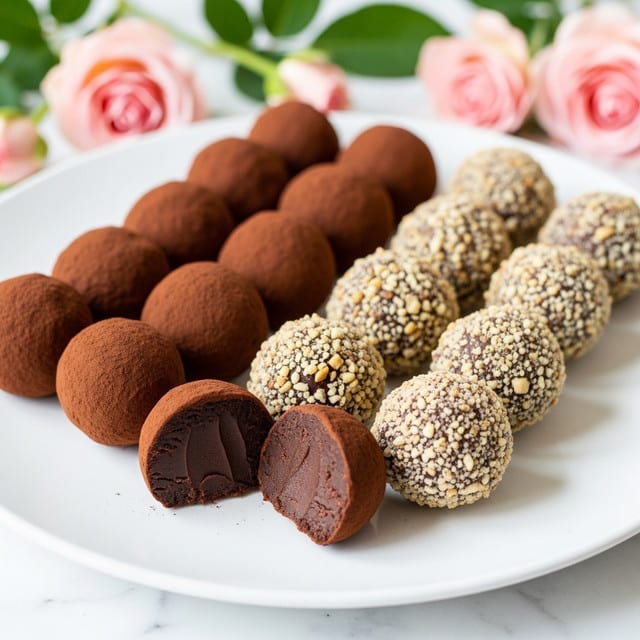 A white plate sits on a white marbled surface filled with multiple chocolate truffles arranged closely together. The truffles have three types: some are coated in smooth dark cocoa powder showing a matte texture; others are covered with small crunchy chocolate bits giving a rough texture; and some are topped with chopped light brown nuts, adding a crunchy look. One truffle is cut open in the front showing a rich, dark, soft inside with a slightly glossy finish. The background has soft pink and white flowers out of focus. Photo taken with an iphone --ar 4:5 --v 7