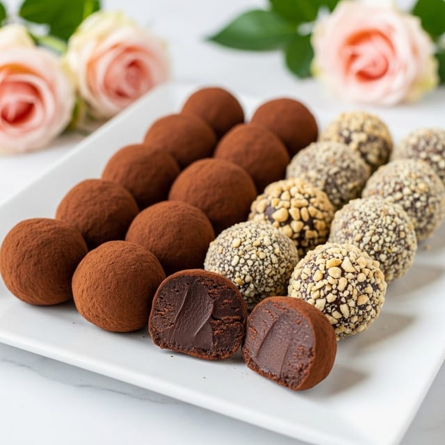 The image shows a white plate with two rows of round chocolate truffles arranged neatly. The front row has truffles coated in dark cocoa powder, giving them a rich brownish color with a dusty texture. One truffle is cut in half, revealing dark, smooth chocolate inside. The back row features truffles covered in chopped nuts and small crunchy pieces, creating a mix of light beige, brown, and cream colors with a rough texture. Soft pink roses and green leaves are blurred in the background on a white marbled surface. photo taken with an iphone --ar 4:5 --v 7