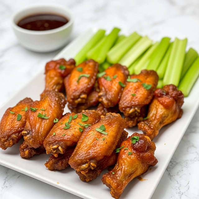 The image shows a white rectangular plate filled with two layers of crispy, golden-brown chicken wings, stacked neatly. Each wing is coated with a slightly shiny, reddish-brown sauce with small green onion pieces scattered on top for color. On the right side of the plate, there are two fresh celery sticks, light green and crisp. Behind the plate, there is a small white round bowl filled with dark red dipping sauce with bits of seasoning visible. The entire scene is set on a white marbled surface with a soft background out of focus. Photo taken with an iphone --ar 4:5 --v 7