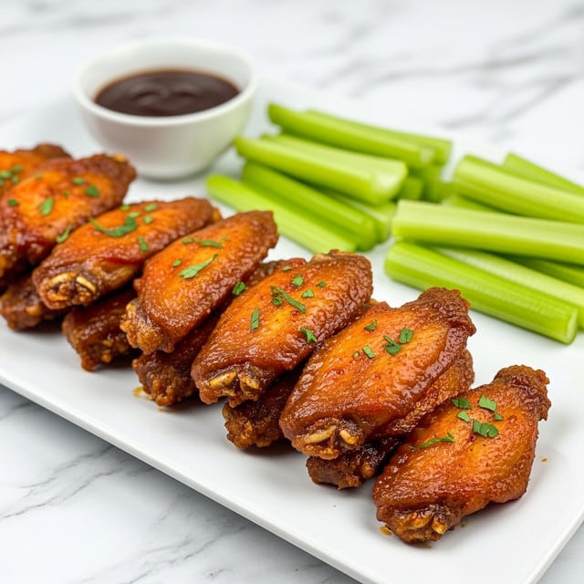 The image shows a white rectangular plate filled with crispy, golden-brown chicken wings arranged in two layers, each wing reddish with a slight shiny sauce coating and small bits of green herbs sprinkled on top. To the side of the wings, there are several fresh green celery sticks aligned neatly. Behind the plate, there is a small white bowl filled with dark brown dipping sauce, and the background features a white marbled surface. Photo taken with an iphone --ar 4:5 --v 7